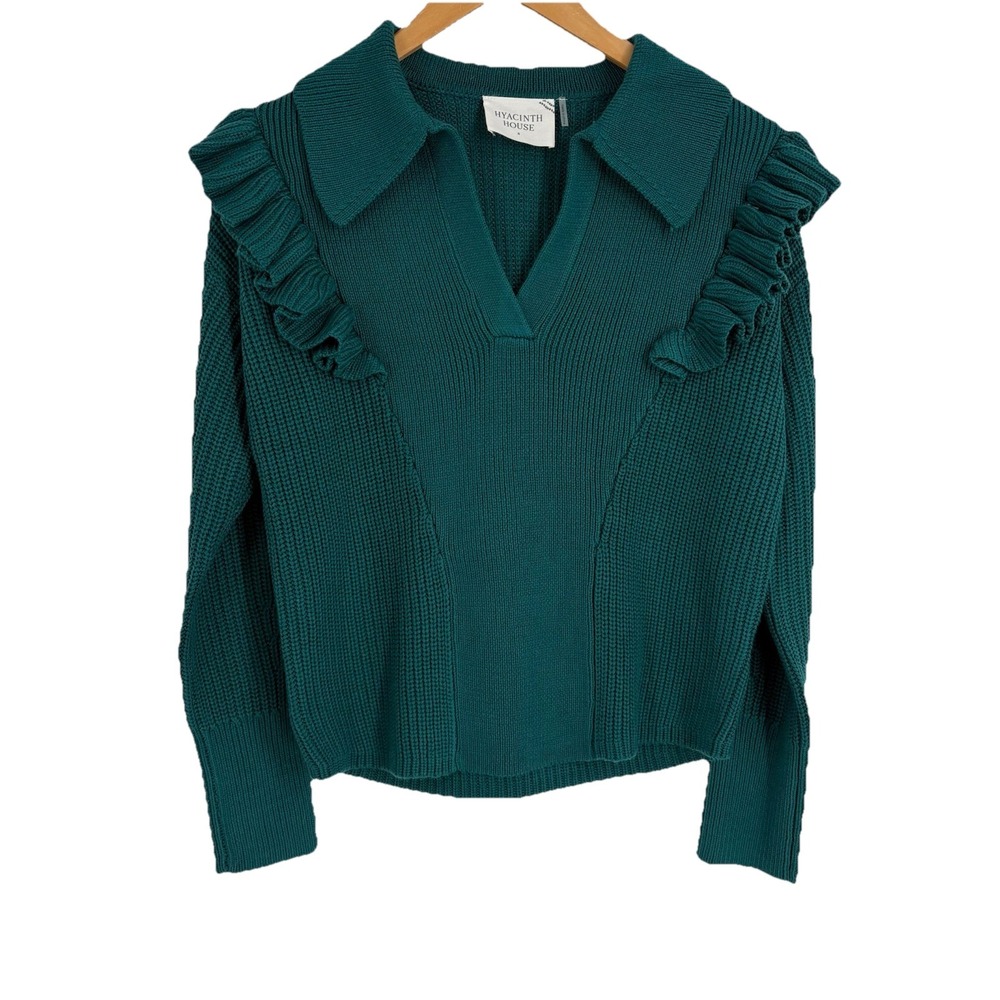 Hyacinth House Womens Casey Collared V Neck Sweater XS Teal Ruffled Preppy Boho